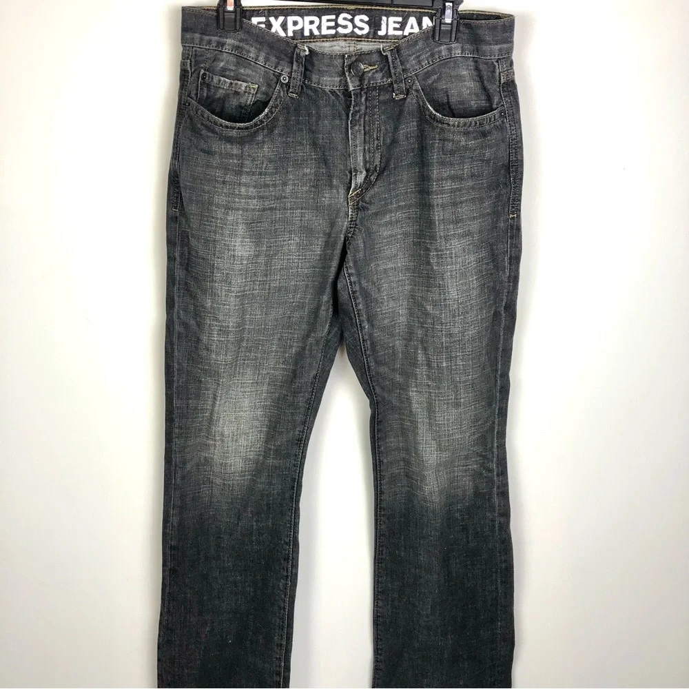 Express Mens Gray Slim Low Rise Bootcut Rocco Jeans 32x34 - Picture 2 of 6